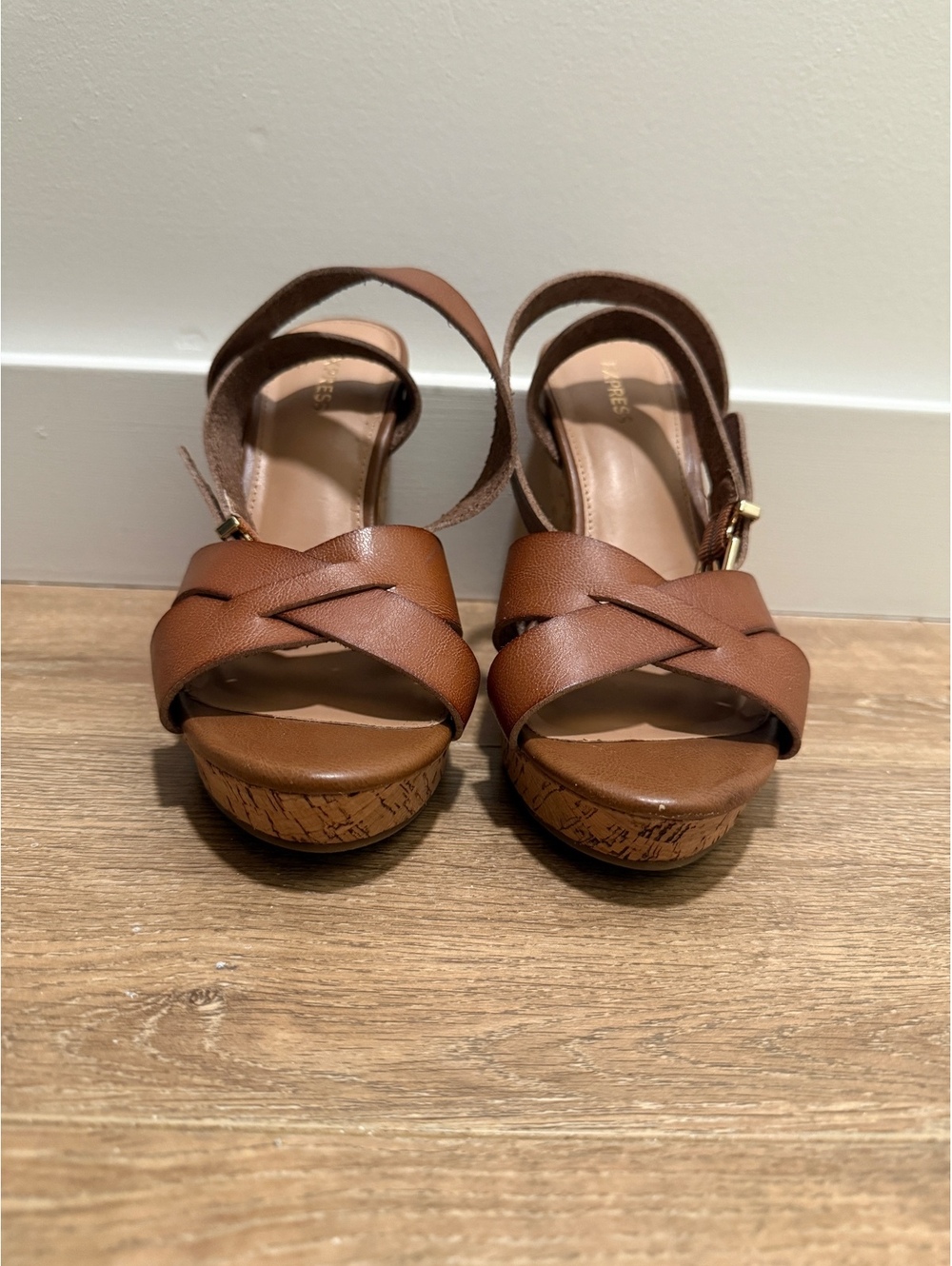 Express Brown Tan Leather 4.5” Wedge Sandals with Cork Heel - Size 8